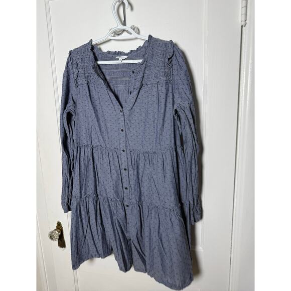 Crown & Ivy Women's XL Chambray Blue Tiered Button Down Long Sleeve Dress - Picture 2 of 5
